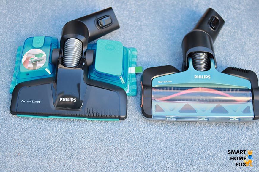 The Speedpro Max Aqua with mop head with magnetic connection, in addition to the normal suction attachment.